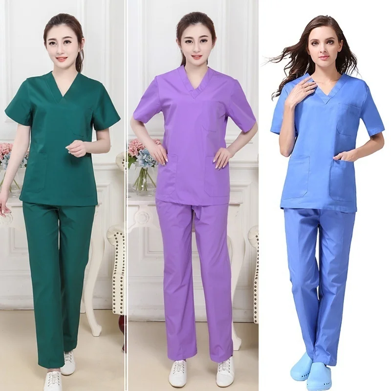 Women's Fashion Scrub Set Nursing Scrubs V-neck Top with Side Vent + Elastic Waistline Pants Medical Uniforms Cotton Surgery