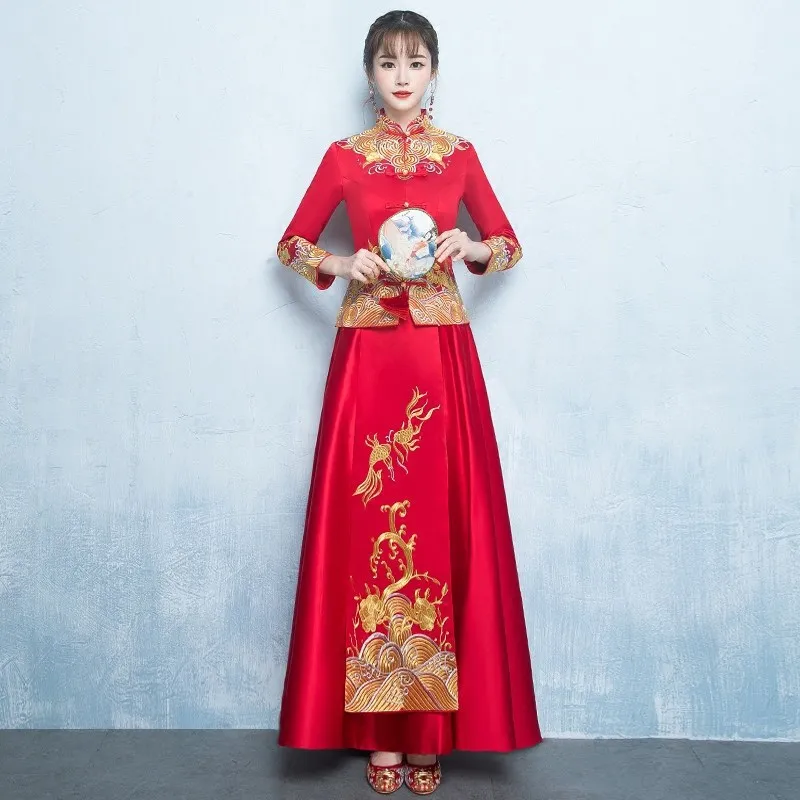 Невесты вышивка красный Для женщин китайское традиционное платье свадебное Cheongsam моды Qipao современный Восточный Стиль платья Бесплатная