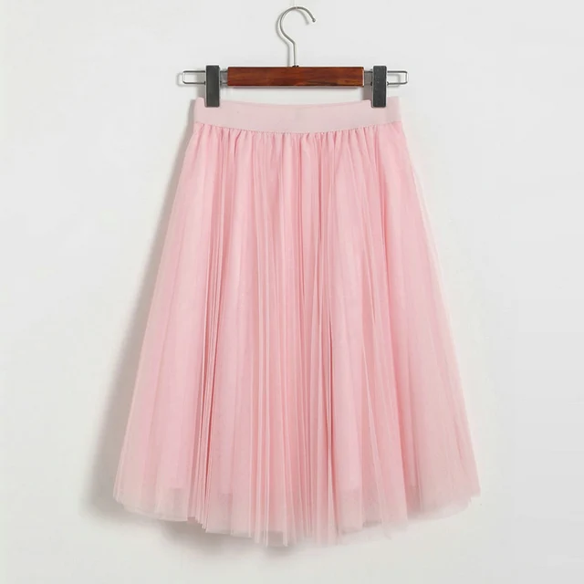OHRYIYIE 4 Layer Voile Tulle Skirts Women 2018 Spring Summer Elastic High Waist Pleated Midi Tutu Skirt Jupe Longue Femme SK036