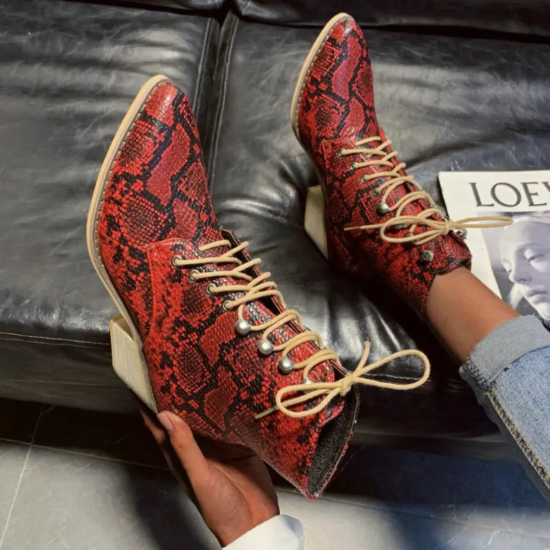 

Winter Women Lace Up Ankle Boots Pu Leather Snake Gold High Heel Point Toe Platform Female Motorcycle Shoes Ladies Pumps