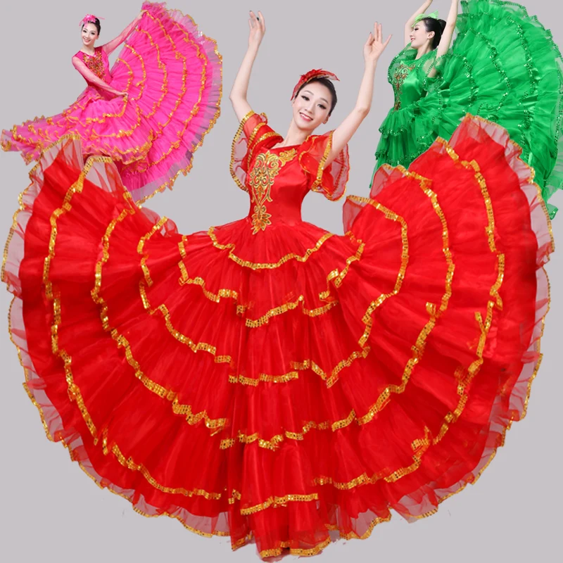 

2019 Spanish Bullfight Dance Flamenco Skirt Ballroom Style Women Satin Dress Gypsy Stage Wear Performance Dancing Costume DN3043