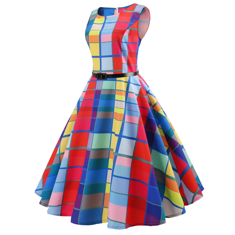 Kostlich O-Neck Plaid Printed Casual Ladies Dresses Summer Hepburn Vintage Dress With Sashes Women Big Swing Dress Plus Size  (3)