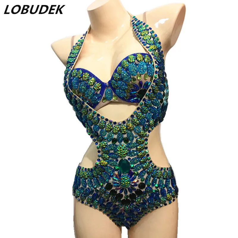 

Green Rhinestones Bodysuit Sparkly Stones Sexy Zentai Catsuits Nightclub DJ Women Singer Stage Outfit Model Catwalk Costume