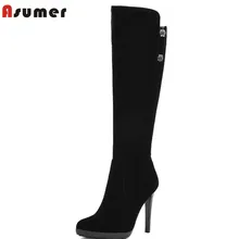 ASUMER/горячая Распродажа, женские сапоги до колена, на молнии, с острым носком, на высоком тонком каблуке, однотонные женские сапоги из нубука и флока высокого качества
