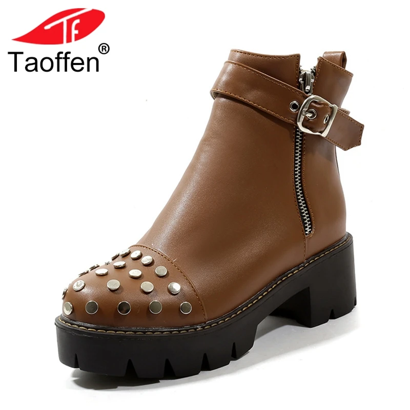 

TAOFFEN Women Ankle Boots Winter Warm Fur Platform Shoes Woman Zipper Rivets Buckle High Heel Boots Punk Shoes Size 34-43