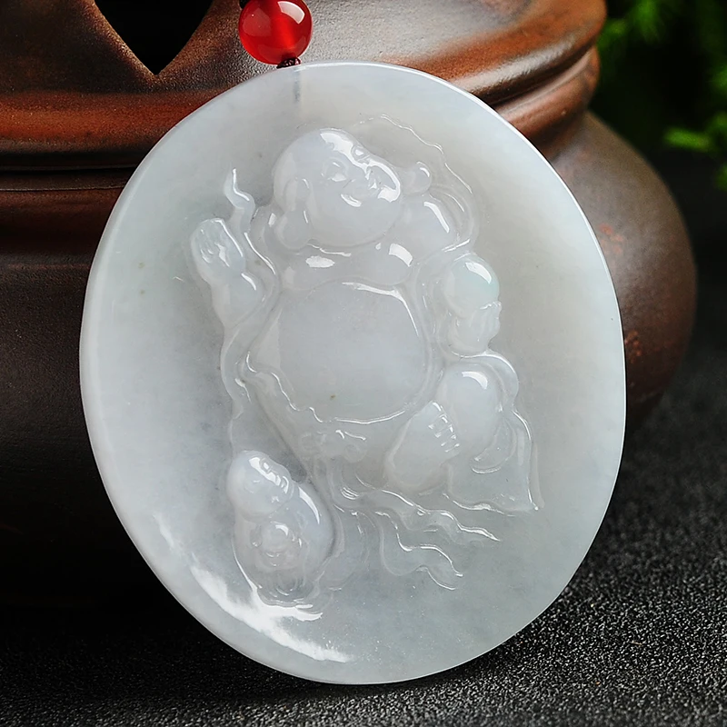 Natural green waxy white jade pendant medallion Burma jade pendant