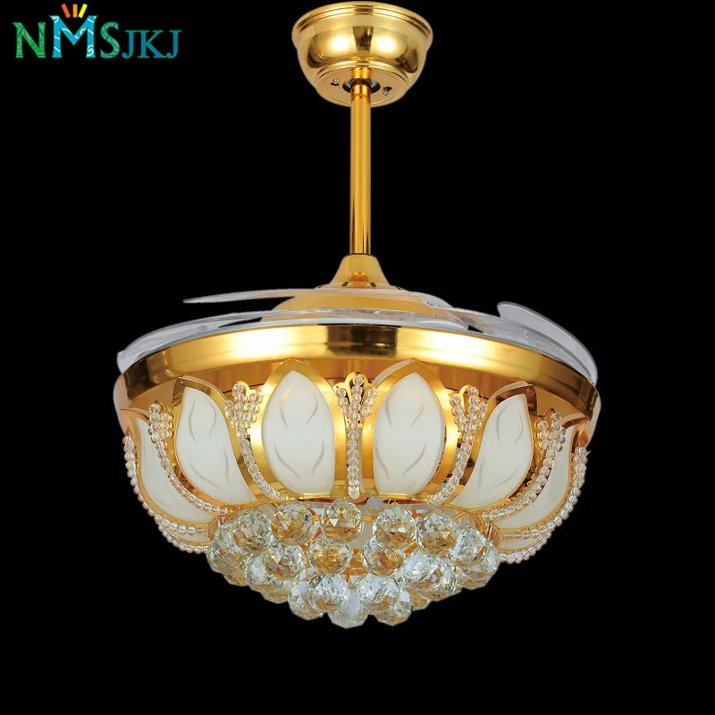 

Modern Ceiling Fans Stainless Iron Crystal Remote Control With Lights LED Folding Ceiling Fan Dining Room Lamp