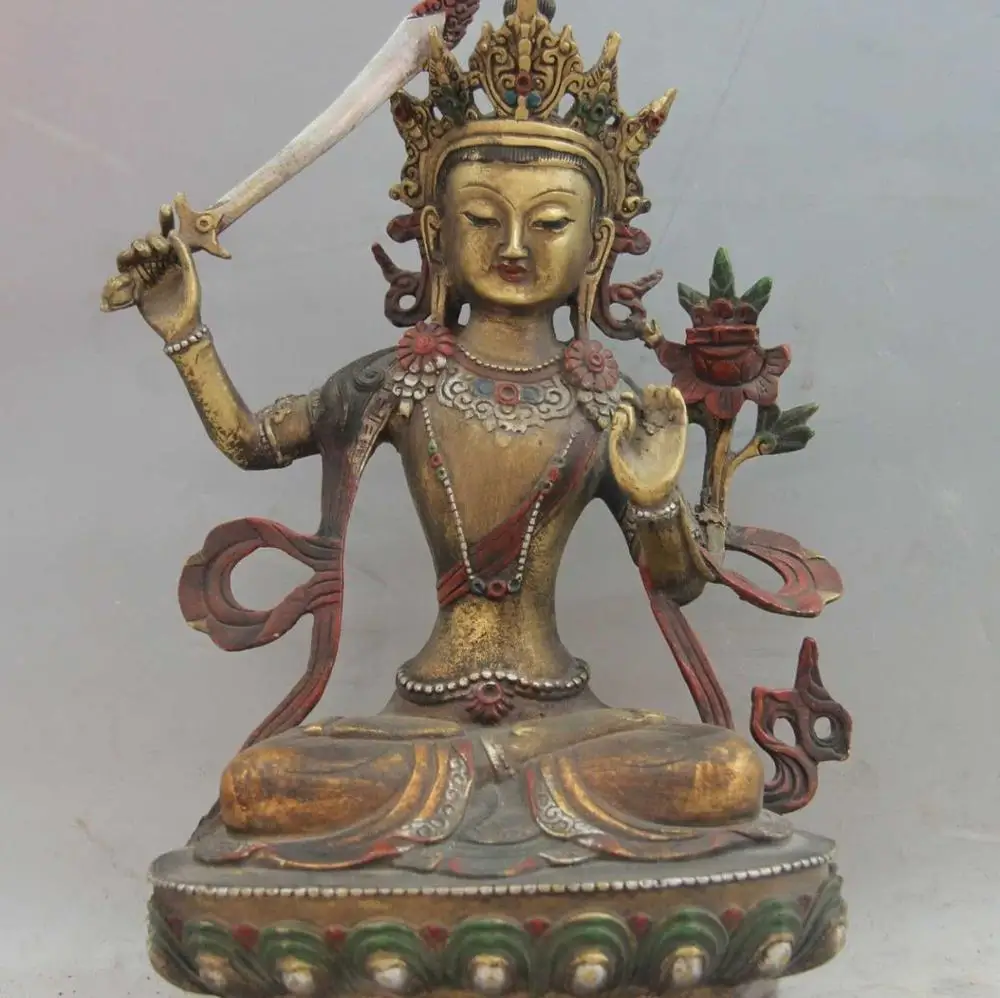 

Tibet Copper Bronze Color Painted Manjushri Manjusri Bodhisattva Guan Yin Statue