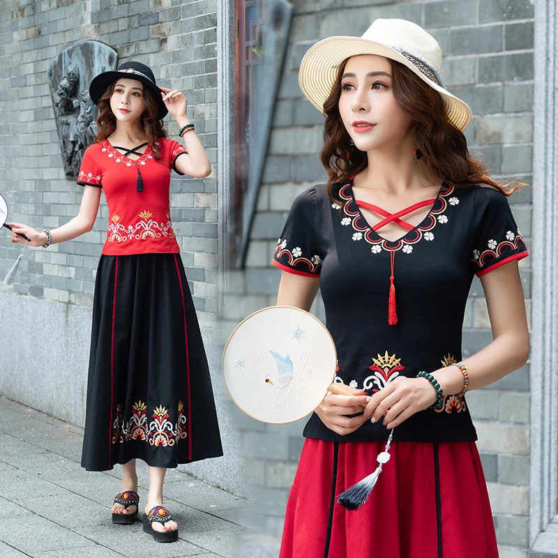

KYQIAO camiseta mujer ethnic tshirt women summer Mexico style ethnic vintage black white green red embroidery t shirt tee