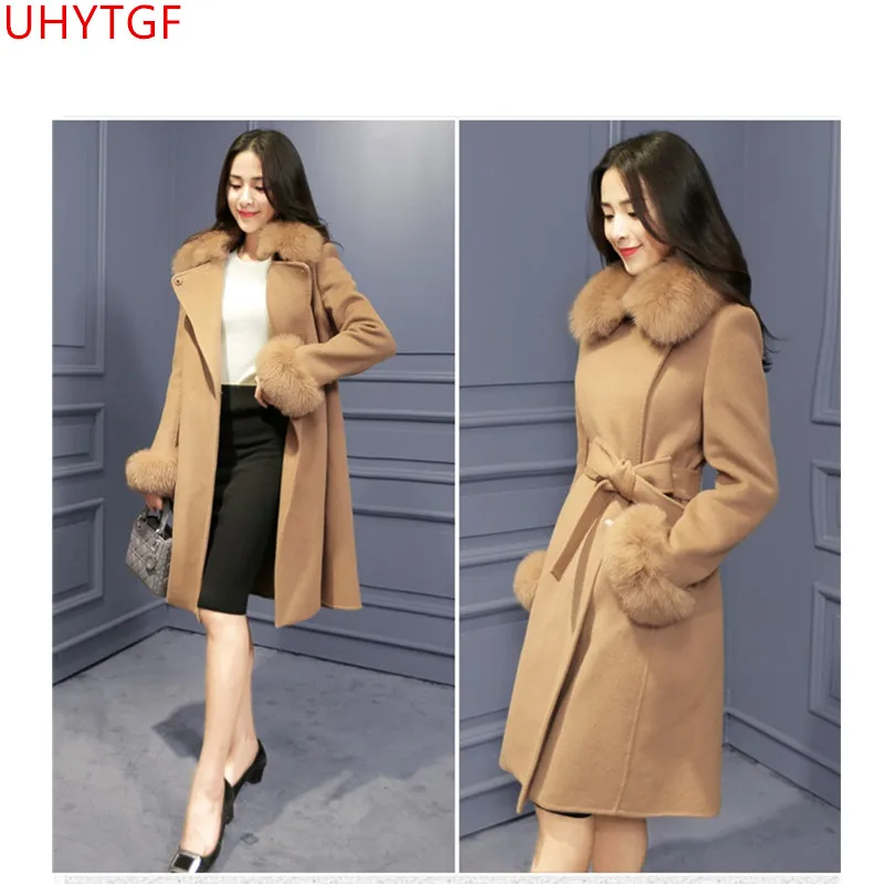 

Winter coat ladies fur collar jacket Slim Women cashmere coat New Long sleeve Elegant women coats fashion long Woolen coat 768