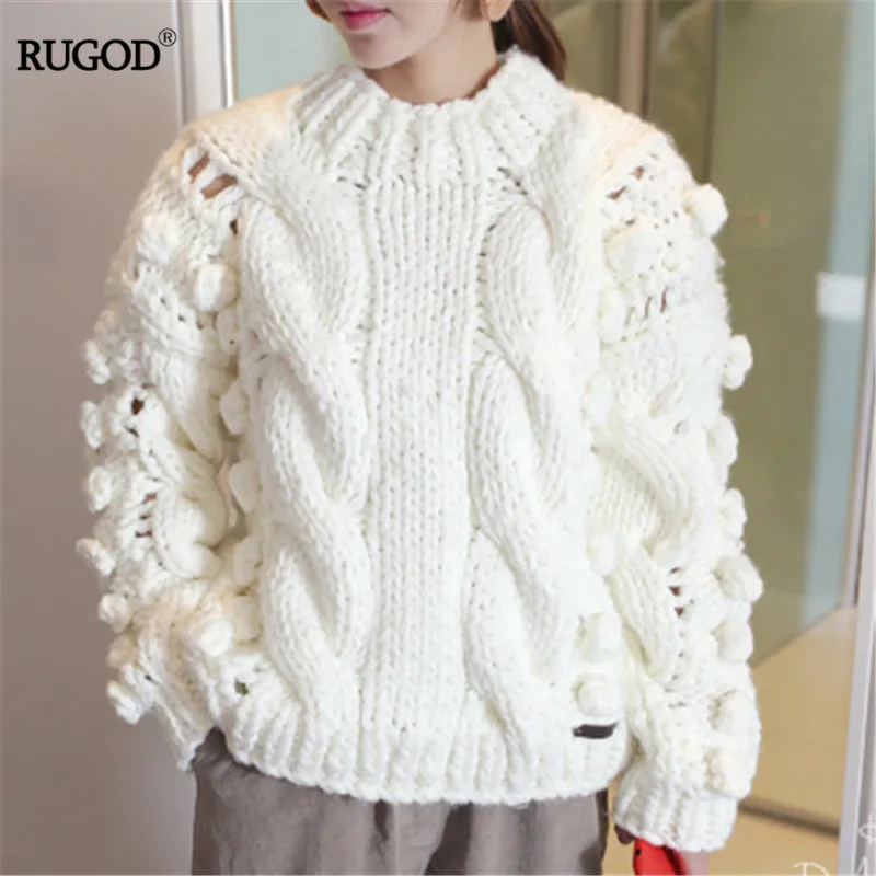 RUGOD, элегантный пуловер ручной вязки, женский свитер, Осень-зима, корейский стиль, Круглый ворот, однотонный, ручной работы, вязаный свитер, джемпер