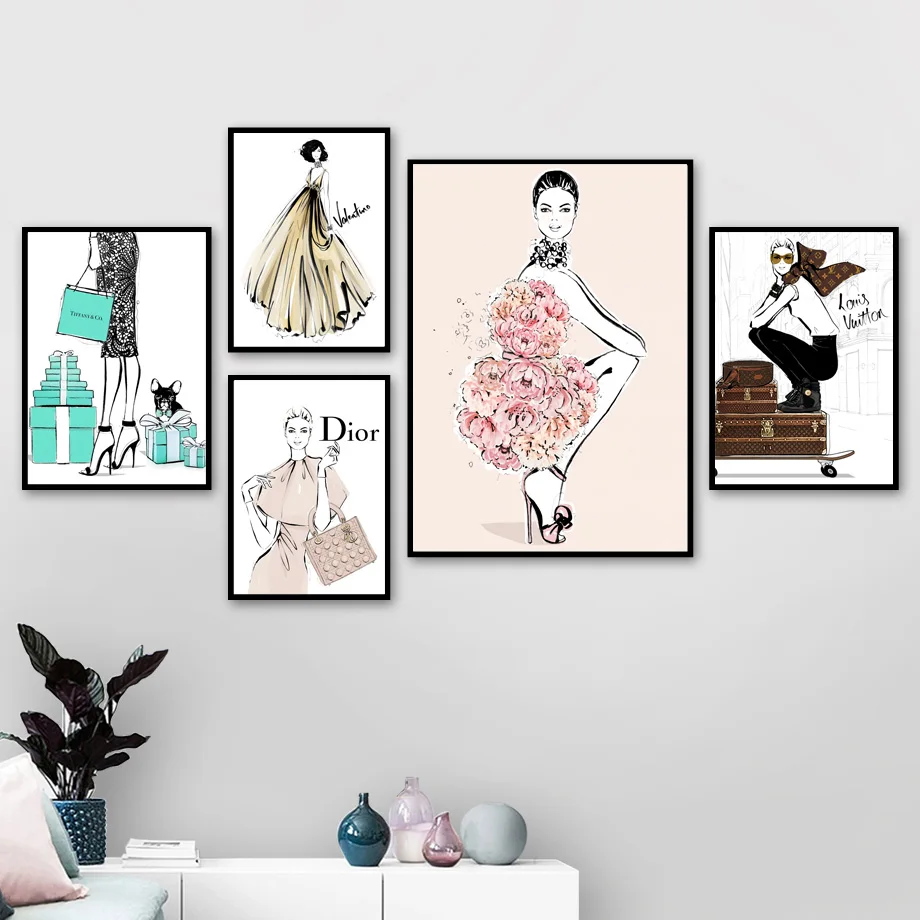 

Fashion Girl Bag Dress Rose Flower Dog Wall Art Canvas Painting Nordic Posters And Prints Wall Pictures For Living Room Decor