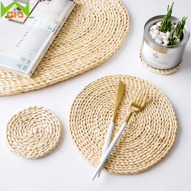 WCIC الطبيعي القش المفارش المنسوجة كوب الوقايات طاولة طعام الحصير الروطان شرب كوستر العزل ماتس اكسسوارات المطبخ