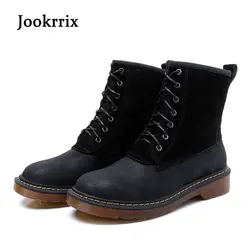Jookrrix Новая Осенняя мода ретро британский стиль Обувь Для женщин Черные сапоги леди Пояса из натуральной кожи теплые ботинки Martin с