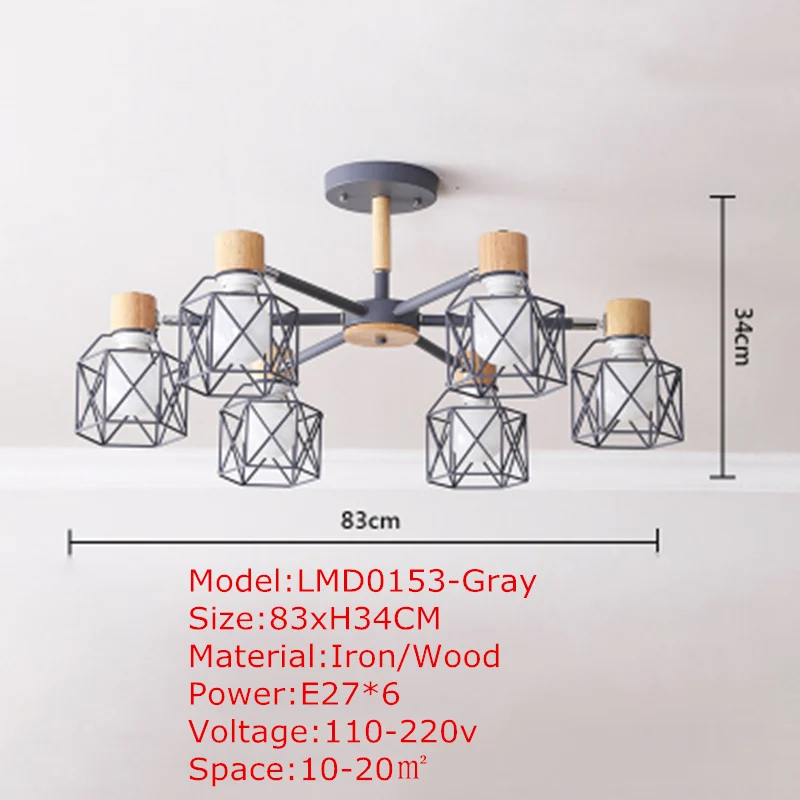 TRAZOS деревянные подвесные светильники для Железный Абажур для гостиной светодиодный E27 Освещение Люстры Para Sala промышленный светильник для дома - Цвет корпуса: Gray 6 light