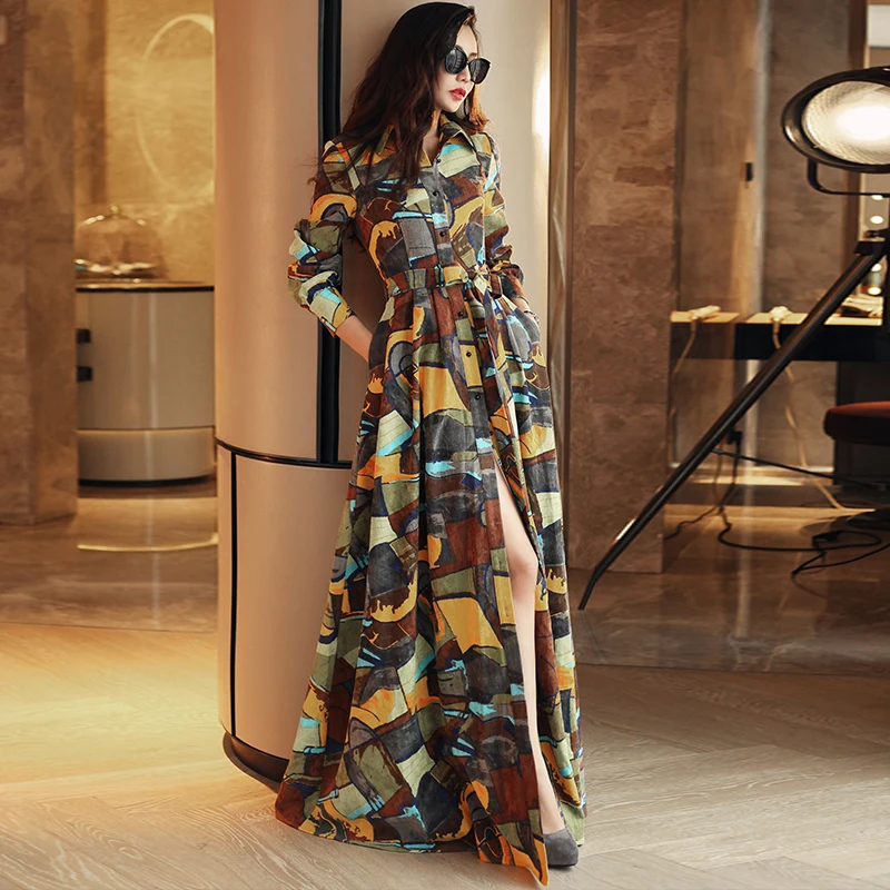 

Clearance ! Spring and Autumn Women's Vintage Abstract Geometric Printing Long-sleeved Corduroy Dress Slim Long Shirt Dress