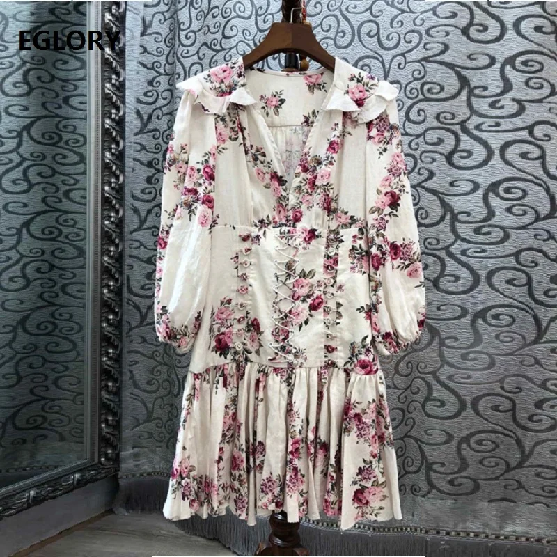 

Top Quality Brand Linen Dress 2019 Summer Fashion Women V-Neck Beautiful Flower Print Sexy Cross String Vintage Retro Dress Mini