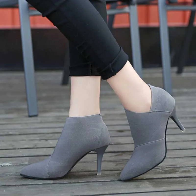 

Women Pointed Toe Thin High Heel Short Ankle Boots Ladies Solid Stretch Fabric Slip On Casual Shoes Female Fashion Footwear