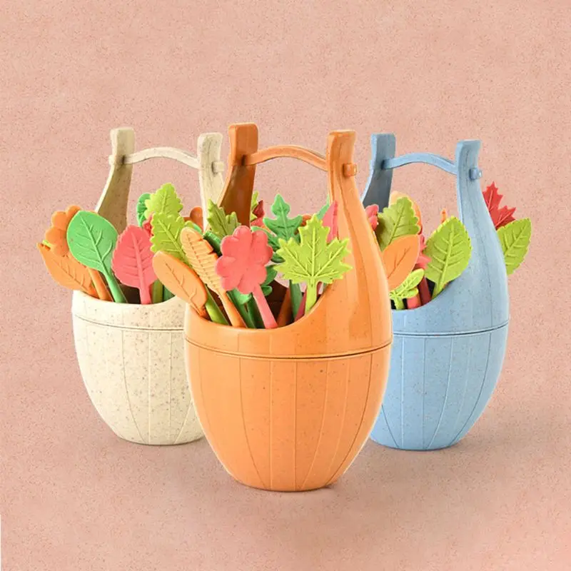 

16Pcs Nordic Style Wheat Straw Barrel Leaves Fruit Fork Lunch Cake Dessert Picks Skewers Sandwich Toothpick Wedding Party Decor