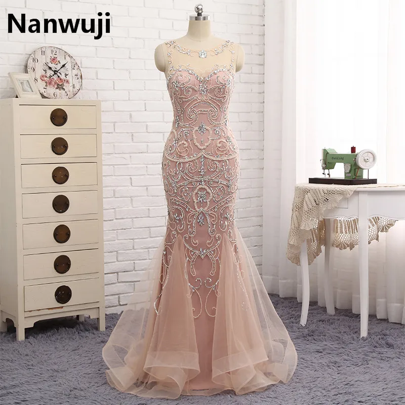 

Luxury Rhinestone Mermaid Dubai Long Evening Dresses 2017 New Blush Crystal Beaded Pearl Sheer Prom Dress Vestido De Festa LX006