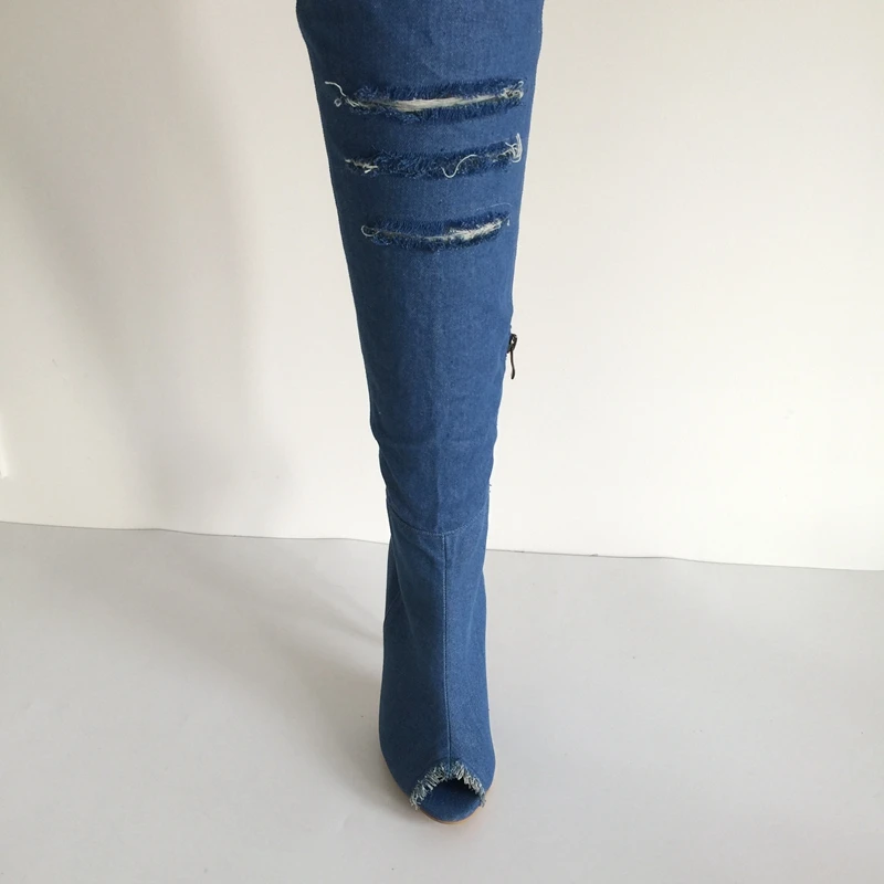 Blue deep Stivali Sexy Stiletto Blue med Il Blue Scarpe Toe Donna Denim Nero Pale il Cut outs Lungo Jeans Ginocchio Peep Alti Blue Sopra blue Coscia Trimed Da sky RFqx765
