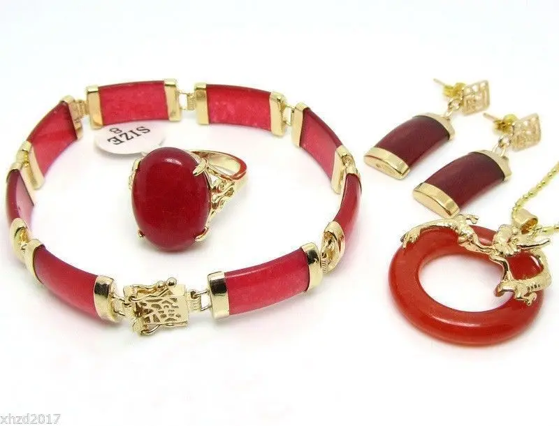 

Charming Red Jade Dragon Pendant Necklace Ring Bracelet EarringAAA 18K gold plated watch Quartz stone crystal