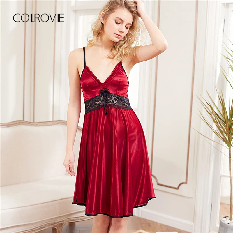 

COLROVIE 2018 New Fashion Red Sleeveless Lace Panel Slip Nightgowns Women Spaghetti Strap Night Dress Sleepwear Sexy Dress