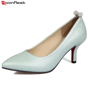 

MoonMeek 2018 new arrive summer spring female pumps med heels pointed toe slip on casual shallow square heel women shoes