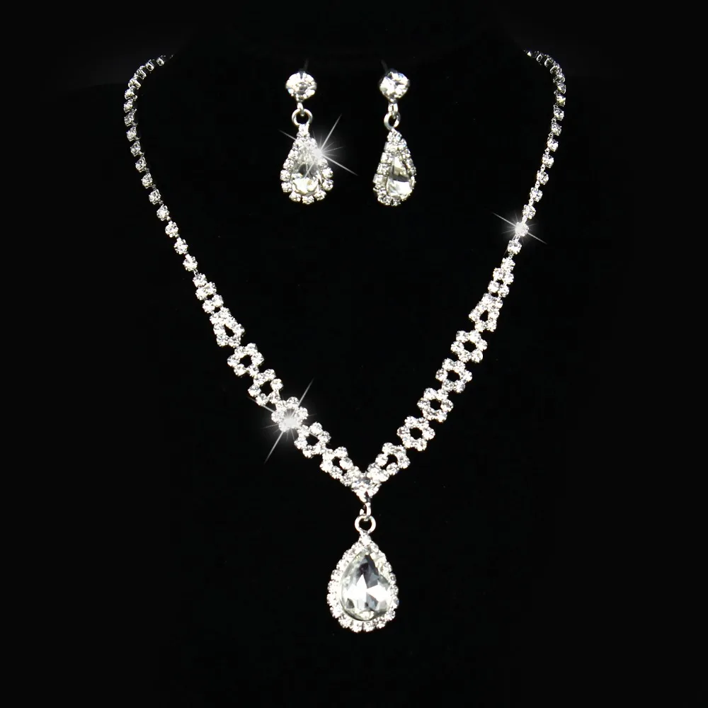 Waterdrop Necklace Earrings Wedding Diamante Crystal Rhinestone Bridal