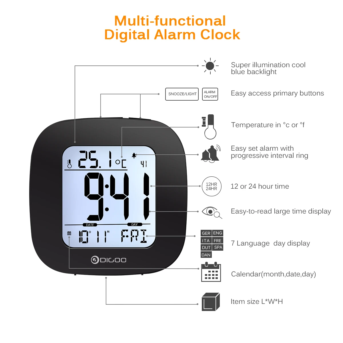 Digoo DG-C1, многофункциональный электронный цифровой будильник, термометр температуры, метеостанция, сеньор, часы с подсветкой, ЖК-дисплей