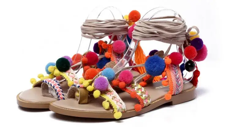 

Lady sandals lace up pom pom sandals genuine leather gladiator flats women summer fringe shoes size35-41