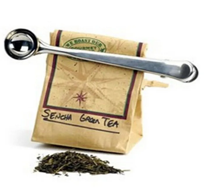 

Hot Drop ship Useful Coffee Tea Tool Stainless Steel Cup Ground Coffee Measuring Scoop Spoon with Bag Sealing Clip