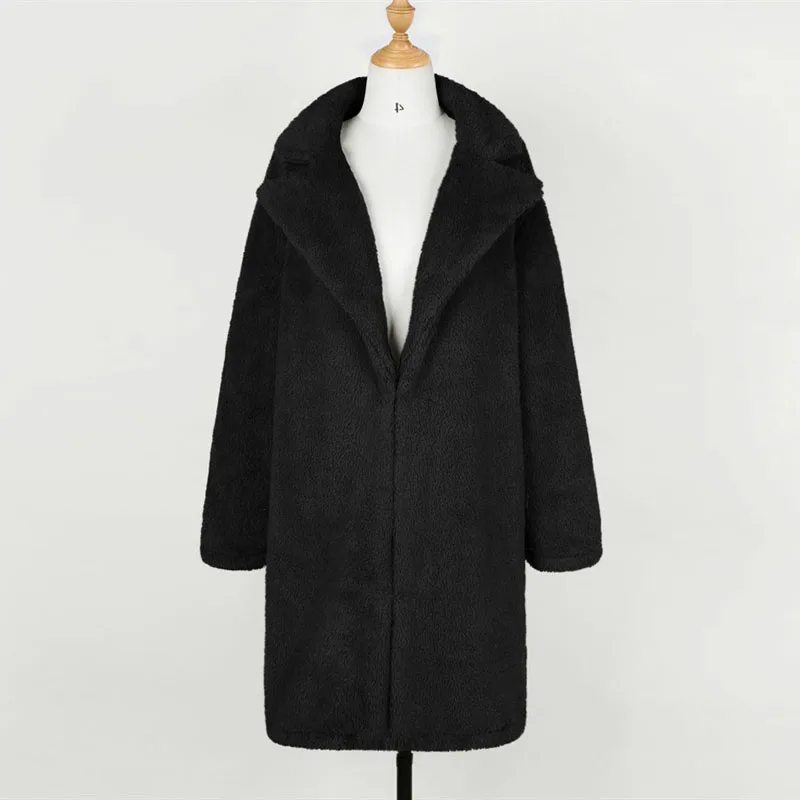 QIUXUAN, Дамское плотное длинное меховое пальто, зимнее теплое, с отложным воротником, с длинным рукавом, тонкое, плюшевое пальто, женские модные кардиганы, стиль уличной одежды - Цвет: Black