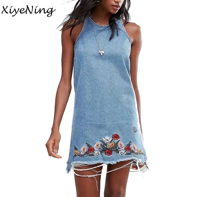 Embroidery Floral Denim dress women 2017 Summer Sleeveless Washed