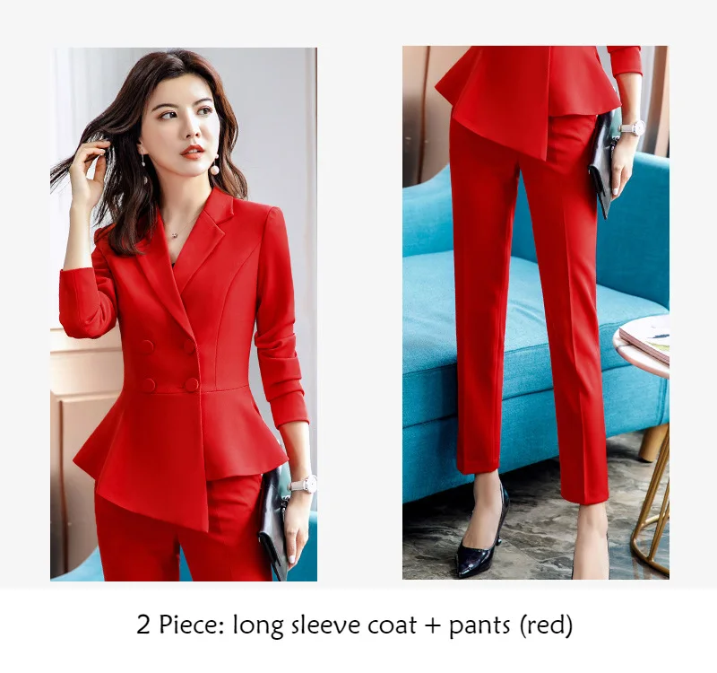 Для женщин костюмы элегантный профессиональная одежда нерегулярные Chic пиджаки Офисные женские туфли модные Повседневное работы пальто брюки костюмы Женская одежда - Цвет: red coat and pants