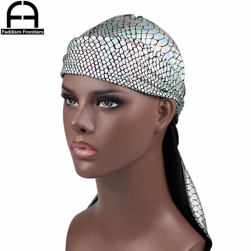 

Unisex Men Reflective Snake Durag Shiny Colorful Bandana Turban Hat Hair Accessories Hip Hop Long Tail Straps Do Durags