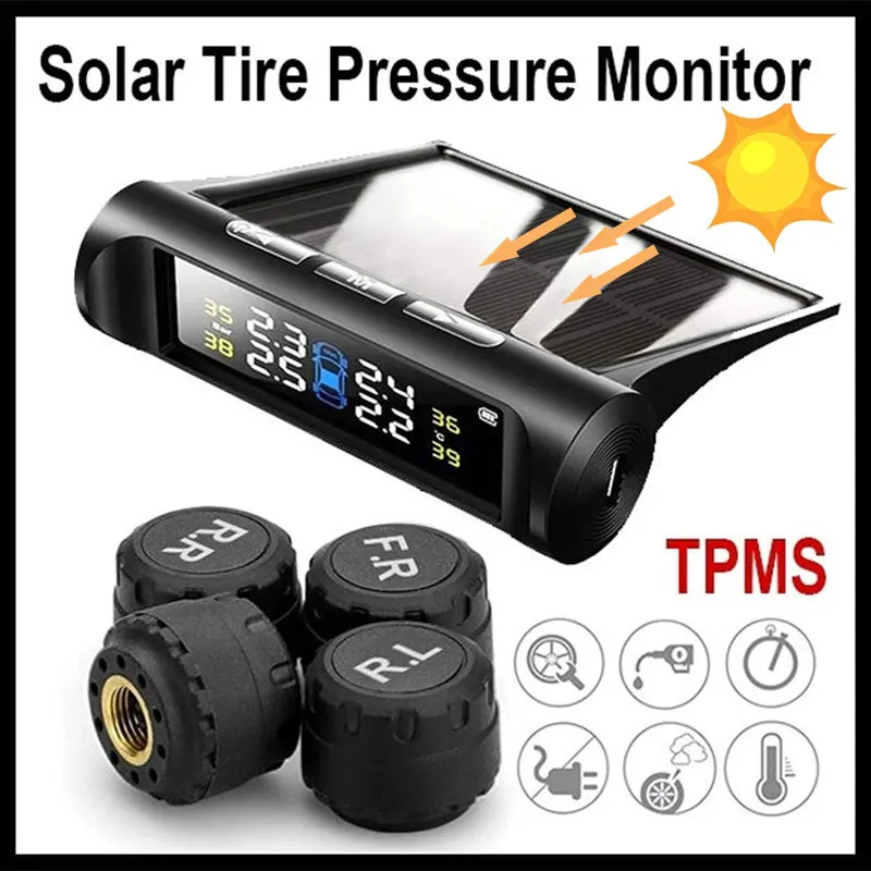 

Smart Car TPMS Tire Pressure Monitoring System Solar Power Digital LCD Display Auto Security Alarm System With 4 External Sensor