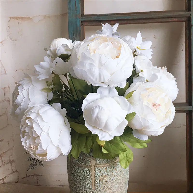 Большой винтажный Европейский Пион Шелковый букет Искусственные цветы пионы для дома свадебное украшение для гостиницы поддельные цветы Флорес - Цвет: White