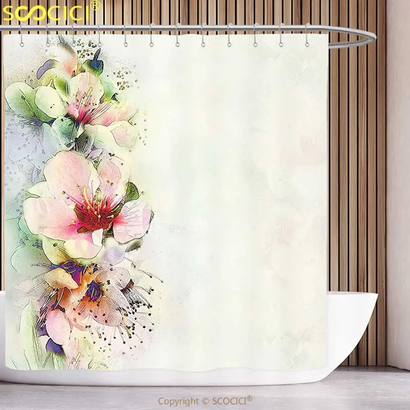 

Funky Shower Curtain Shabby Chic Spring Season Floral Flower Details with Leaves Abstract Backdrop Light Pink and White Bathroom