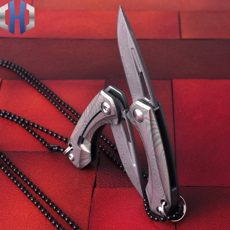 Mini Folding Paper Out Of The Box Folding Knife Pocket Carry EDC Key Ring Necklace TC4 Titanium Damascus Blade