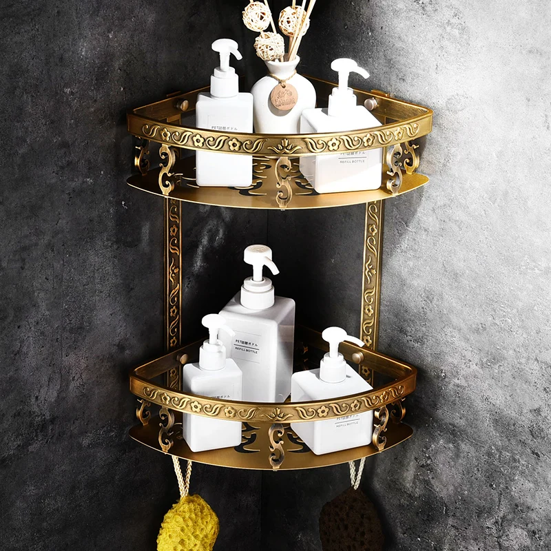

European Carving Space Aluminum Corner Bathroom Rack Shelf American Belt Hook Shower Basket Soap Wall Shelf 2 Layers Bathroom