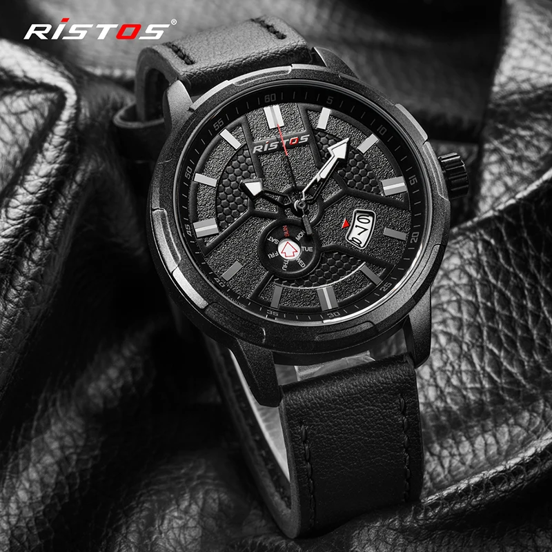 

RISTOS New Watches Men Luxury Brand Chronograph Men Sport Watches High Quality Leather Strap Quartz Wristwatch Relogio Masculin