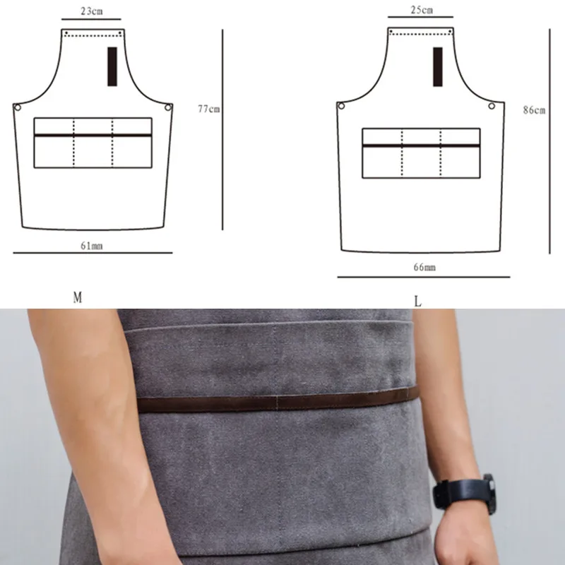 Gray Coffee Washed Canvas Apron Cotton Leather Straps E11-9