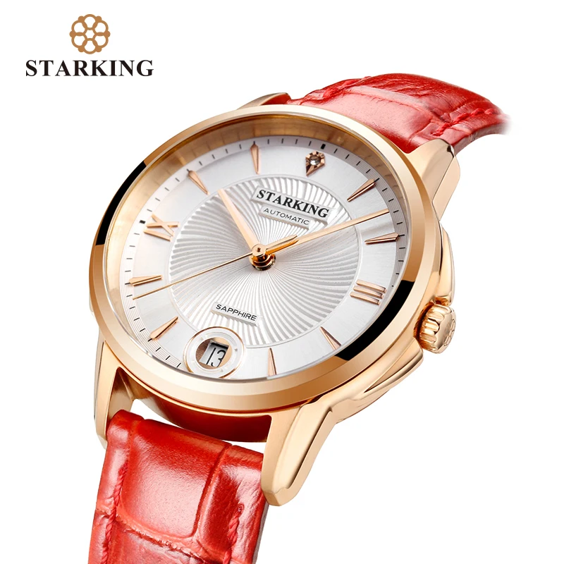 

STARKING Ladies Elegant Watch Sapphire Crystal Automatic Date Self-wind Wristwatches Red Leather Waterproof Clock reloj mujer
