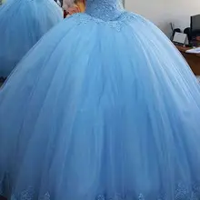 Мечтая пол Длина голубое праздничное платье новые аппликации V бальное платье с круглым вырезом вечернее платье для выпускного вечера Длинные Тюлевое Платье De Soiree
