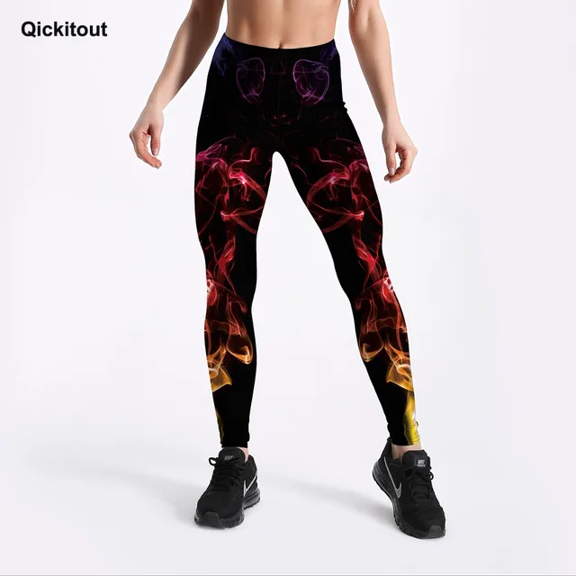 Qickitout 3D Digital Neon Printed For Women’s Leggings Black Slim Fitness Leggings Mid Waist Ankle Length Pants Casual Workout טייץ מצויר