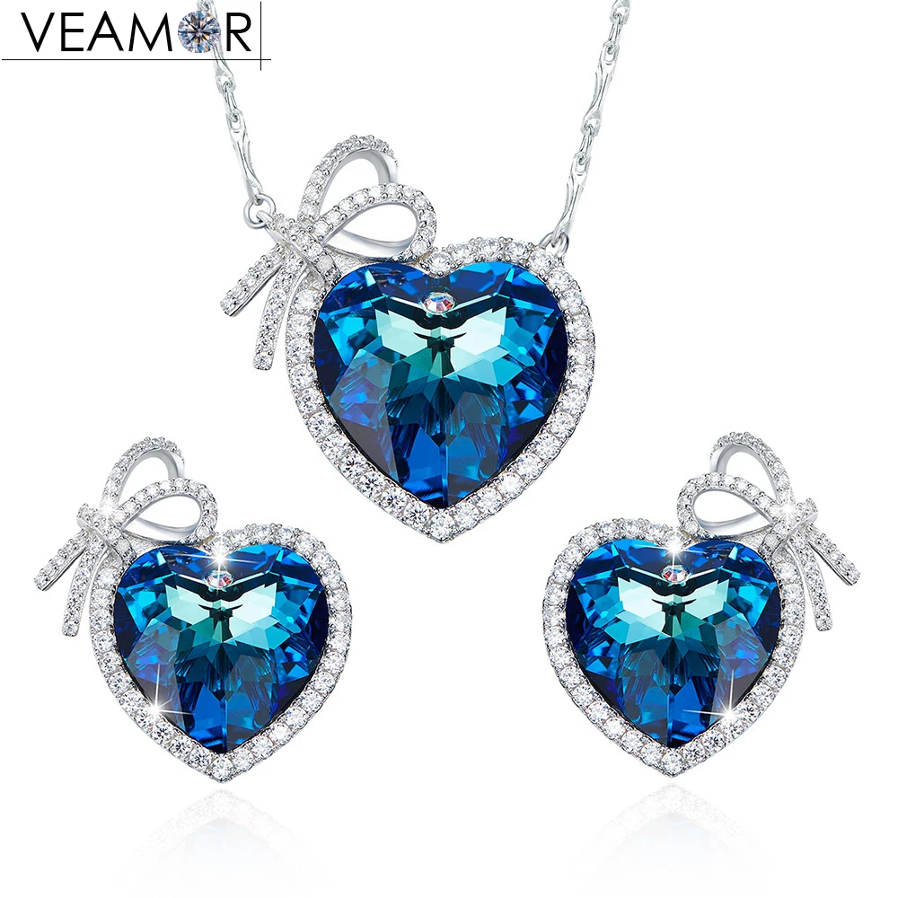 

Veamor Real 925 sterling silver jewelry set love heart necklace and earrings blue crystals from Australia women fashion jewelry