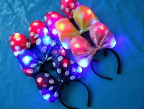 

Free shipping 2pcs/Lot 3D LED light satin fabric headband Christmas lighted up pins hair bows minnie mickey mouse ears headband