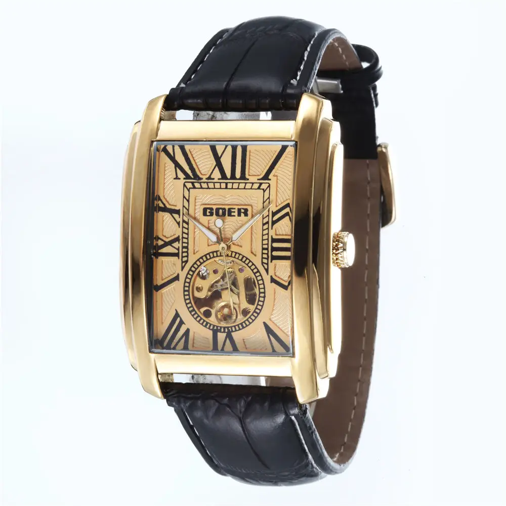 Relogio Masculino Топ Бренд роскошные часы с скелетом для мужчин кожаный ремешок прямоугольник автоматические механические наручные часы для мужчин GOER
