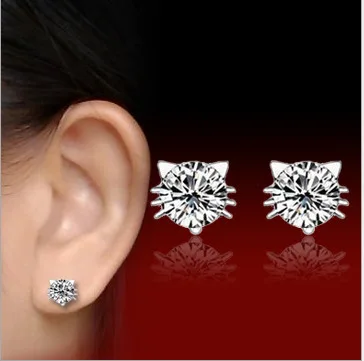 

Real Silver Color 925 Jewelry For Women Cute Animal Cubic Zircon Cat Earring Stud Small Stud Earring For Girls Wholesale